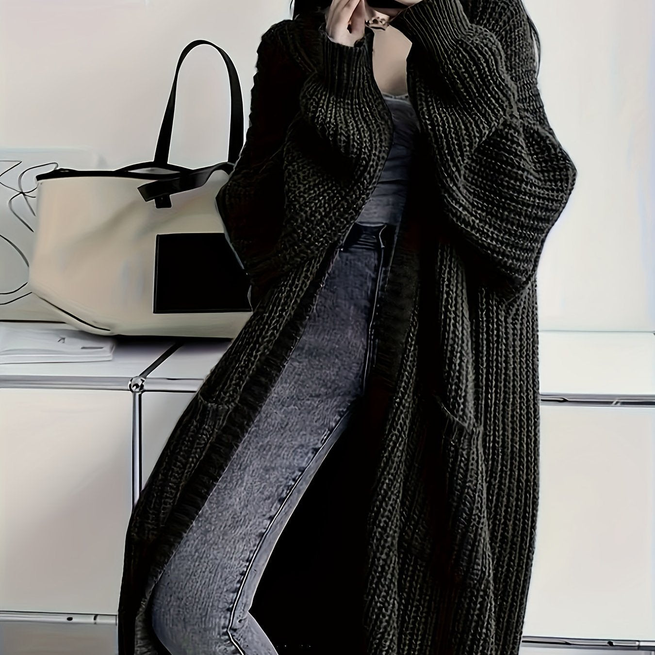 Long Length Open Front Loose Knit Cardigan