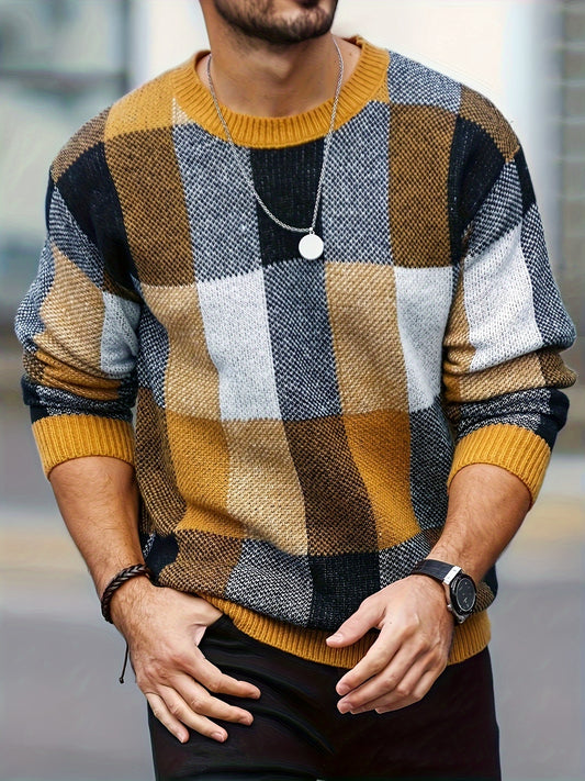 1pc Men'S Casual Plaid Sweater - Viscose Knit Crew Neck Pullover with Stretch Fit, Regular Size