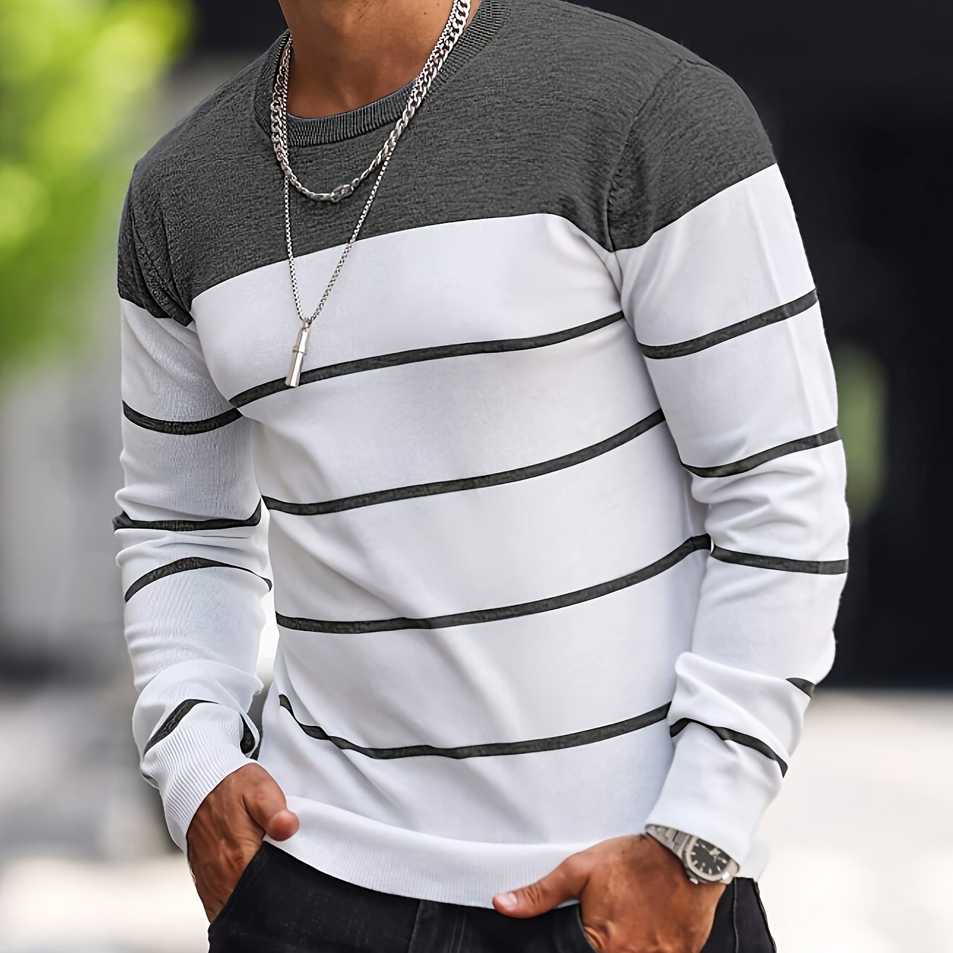 Men's Classic Striped Knit Pullover Sweater - Soft Medium Stretch Fabric, Crew Neck, Long Sleeve, Rib-Knit Details, Machine Washable - Perfect for Casual Spring and Fall Outings