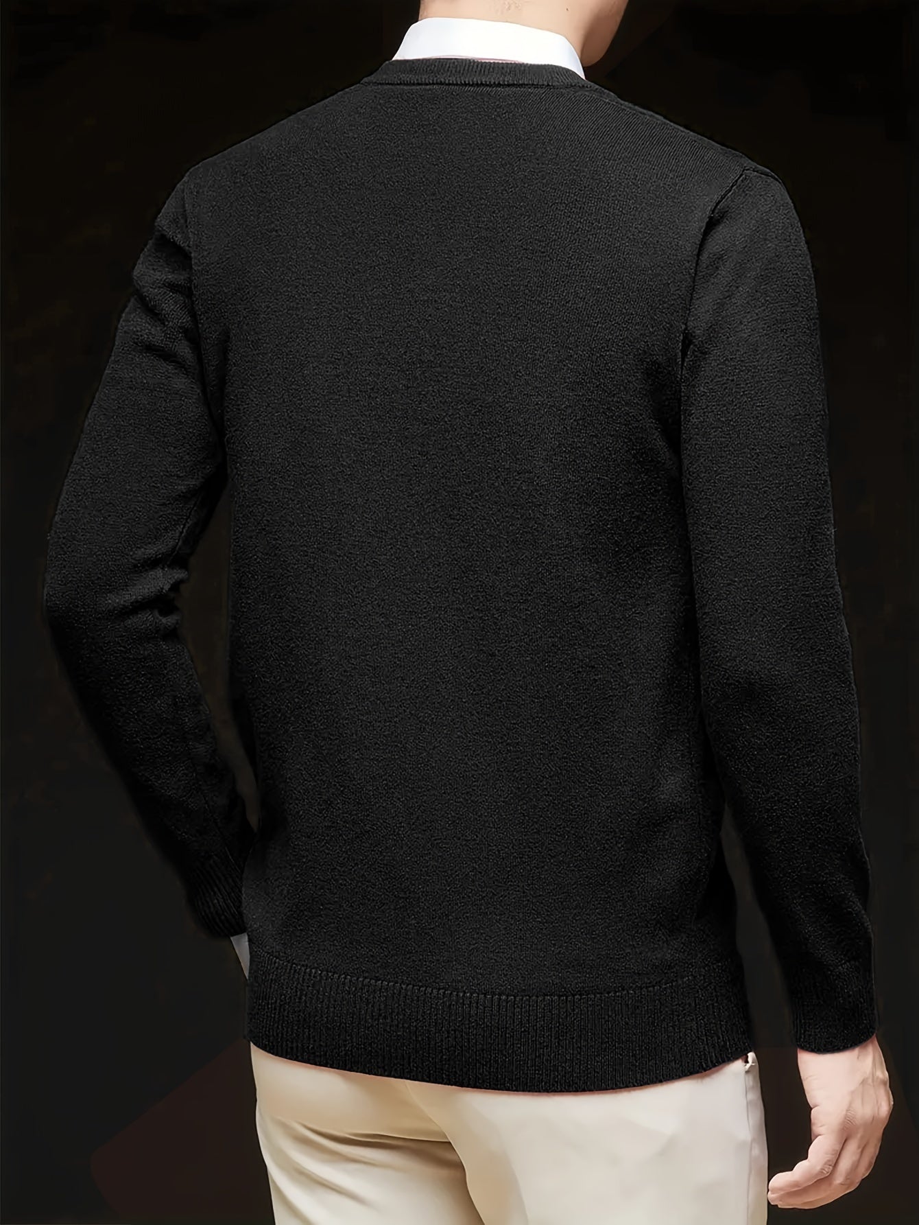 Men's Casual V-Neck Knit Sweater - Solid Color, Stretch Fabric, Long Sleeve Pullover for Fall & Winter