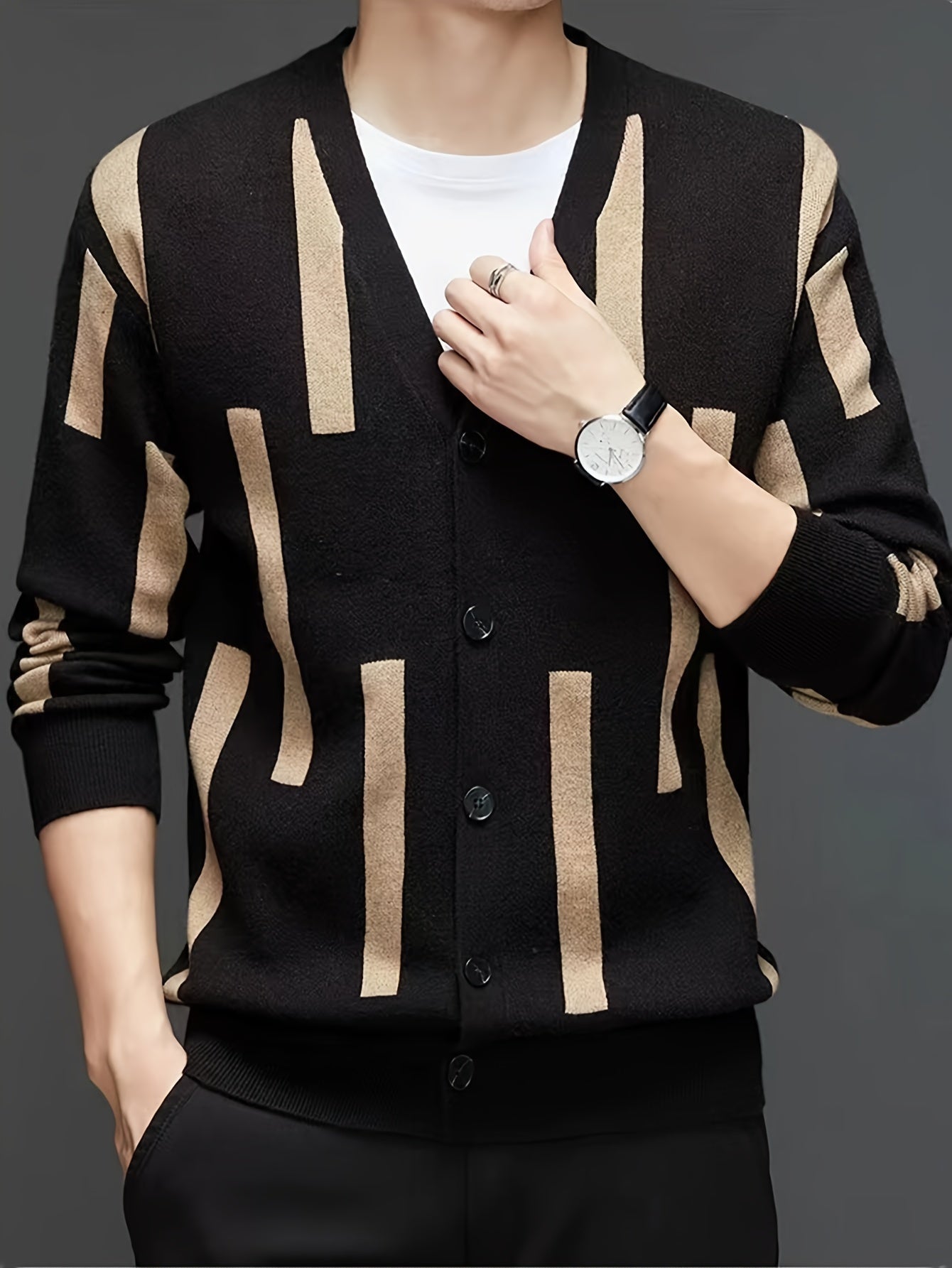 Mid Stretch Men's V-Neck Striped Button Up Cardigan Sweater For Casual Daily Wear