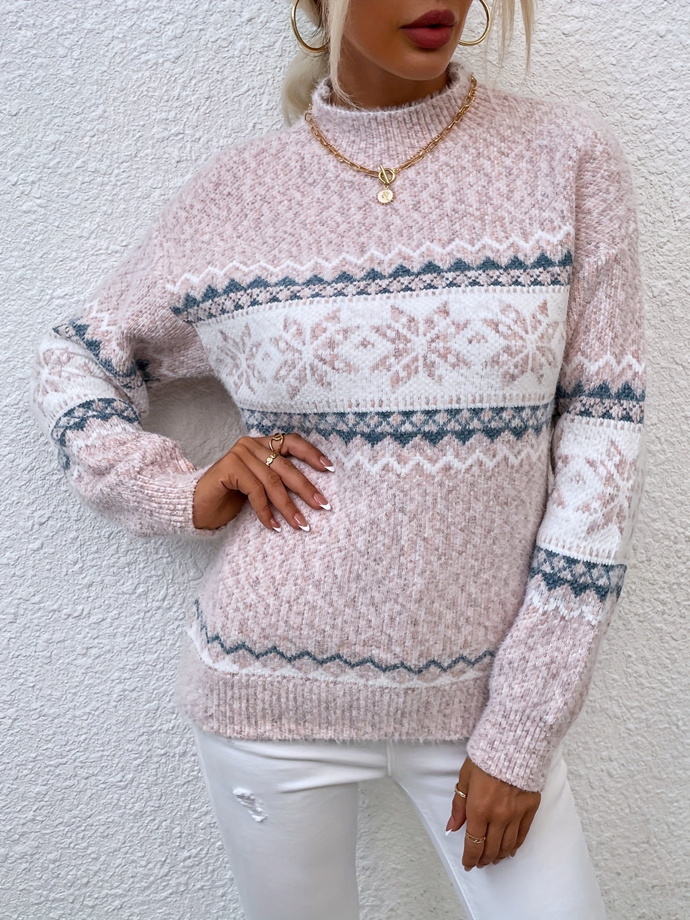 Casual Women's Long Sleeve Snowflake Pattern Mock Neck Sweater for Fall & Winter