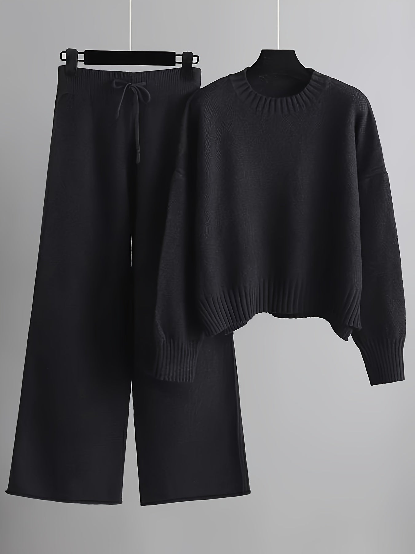 Cozy Knit Pants Set Drawstring Waist Wide Leg Pants