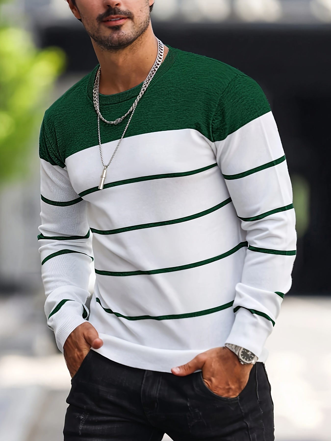 Men's Classic Striped Knit Pullover Sweater - Soft Medium Stretch Fabric, Crew Neck, Long Sleeve, Rib-Knit Details, Machine Washable - Perfect for Casual Spring and Fall Outings