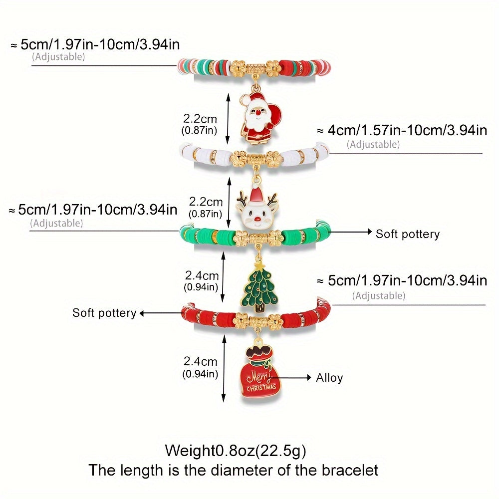 Festive, Elegant 4pcs Christmas Charm Bracelet Set - Santa, Tree & Lucky Bag Designs with Soft Clay Beads - Perfect for Daily Wear or Gifting