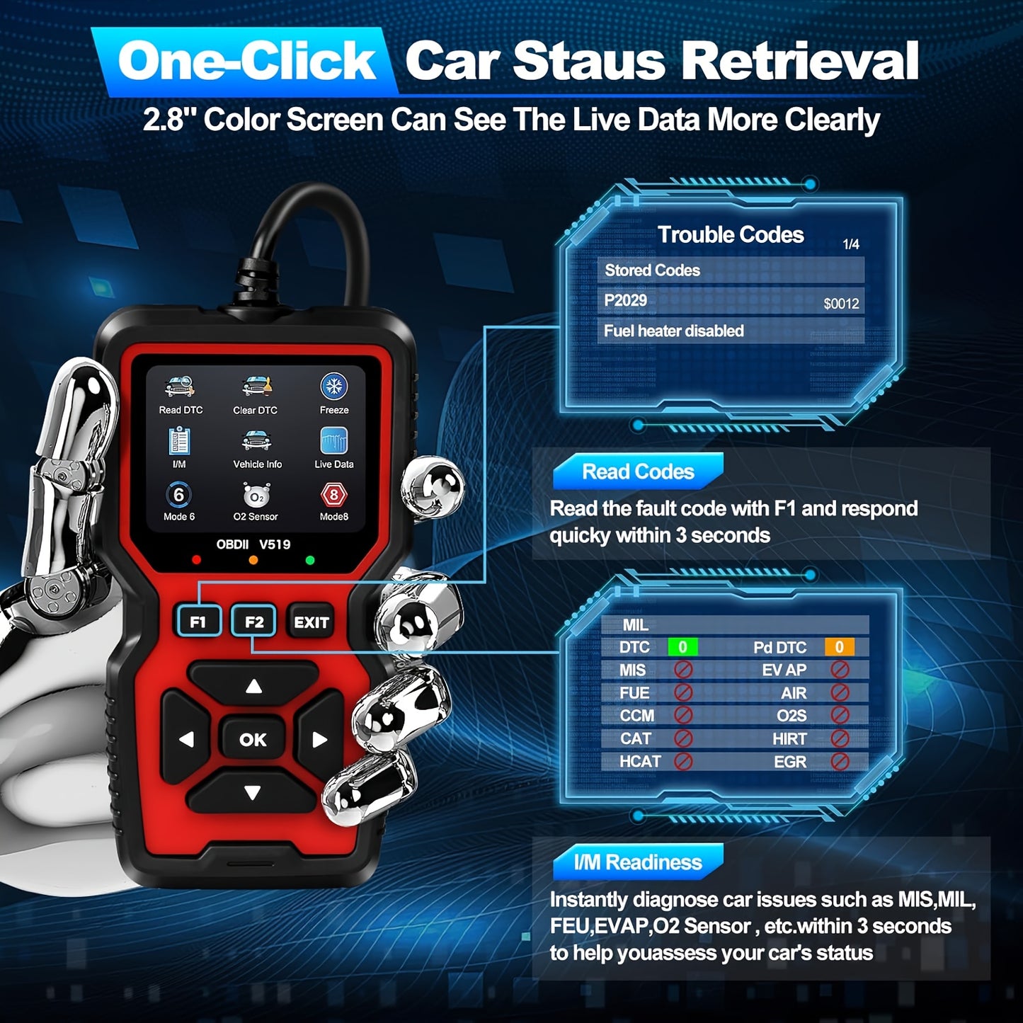 OBD2 Scanner Tool - Professional Diagnostic Code Reader with Live Data for Check Engine Light, OBDII Vehicle Compatibility