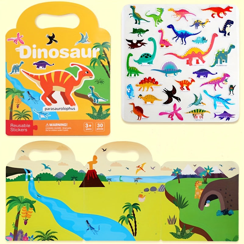 Educational Reusable Activity Books for Kids - 3 Pack, Interactive Learning Themes: Space, Dinosaurs, Animals, Ocean Life, Bugs, and Vehicles with 30 Reusable Pieces Each