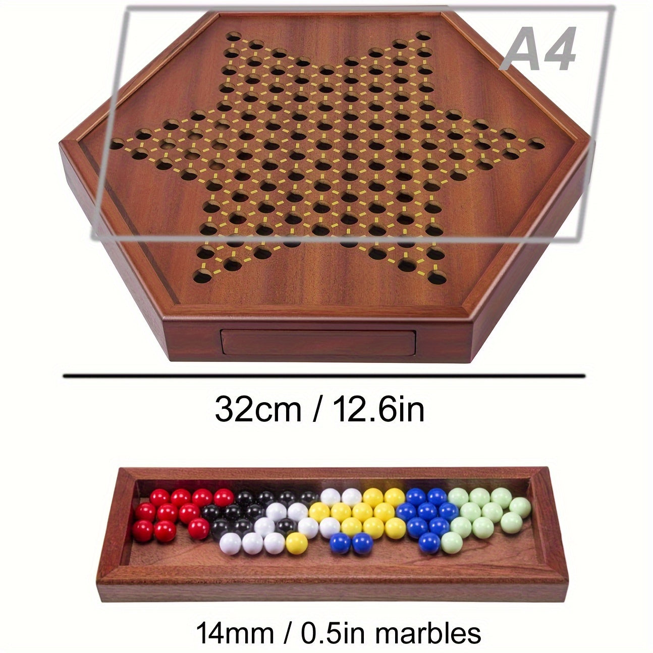 Wooden Chinese Checkers Strategy Game Set with Drawer - 72 Marbles, Up to 6 Players