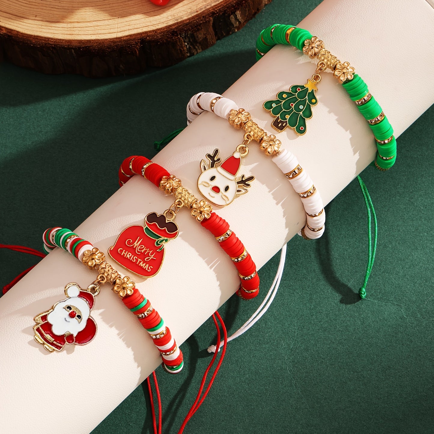 Festive, Elegant 4pcs Christmas Charm Bracelet Set - Santa, Tree & Lucky Bag Designs with Soft Clay Beads - Perfect for Daily Wear or Gifting