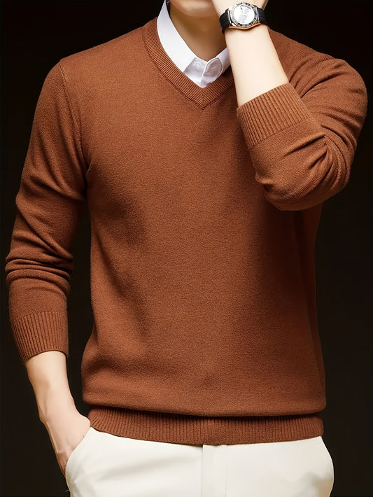 Men's Casual V-Neck Knit Sweater - Solid Color, Stretch Fabric, Long Sleeve Pullover for Fall & Winter