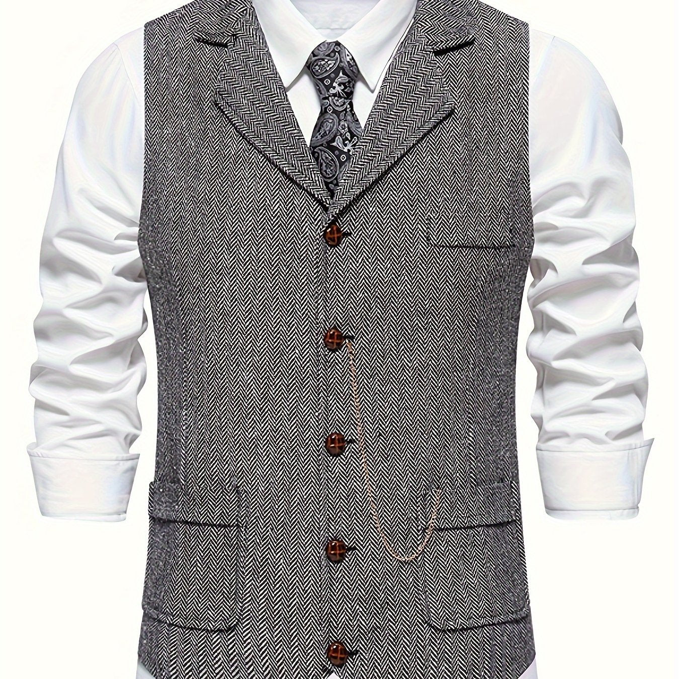 Single Breasted Men's Retro Herringbone Elegant Lapel Dress Waistcoat for Business Banquet Wedding