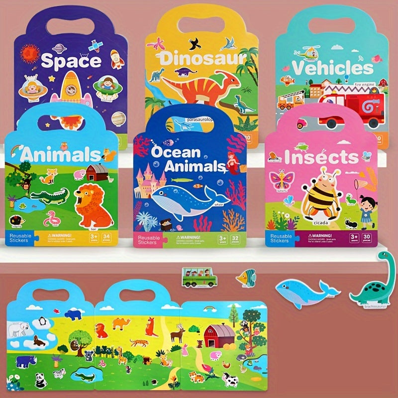 Educational Reusable Activity Books for Kids - 3 Pack, Interactive Learning Themes: Space, Dinosaurs, Animals, Ocean Life, Bugs, and Vehicles with 30 Reusable Pieces Each