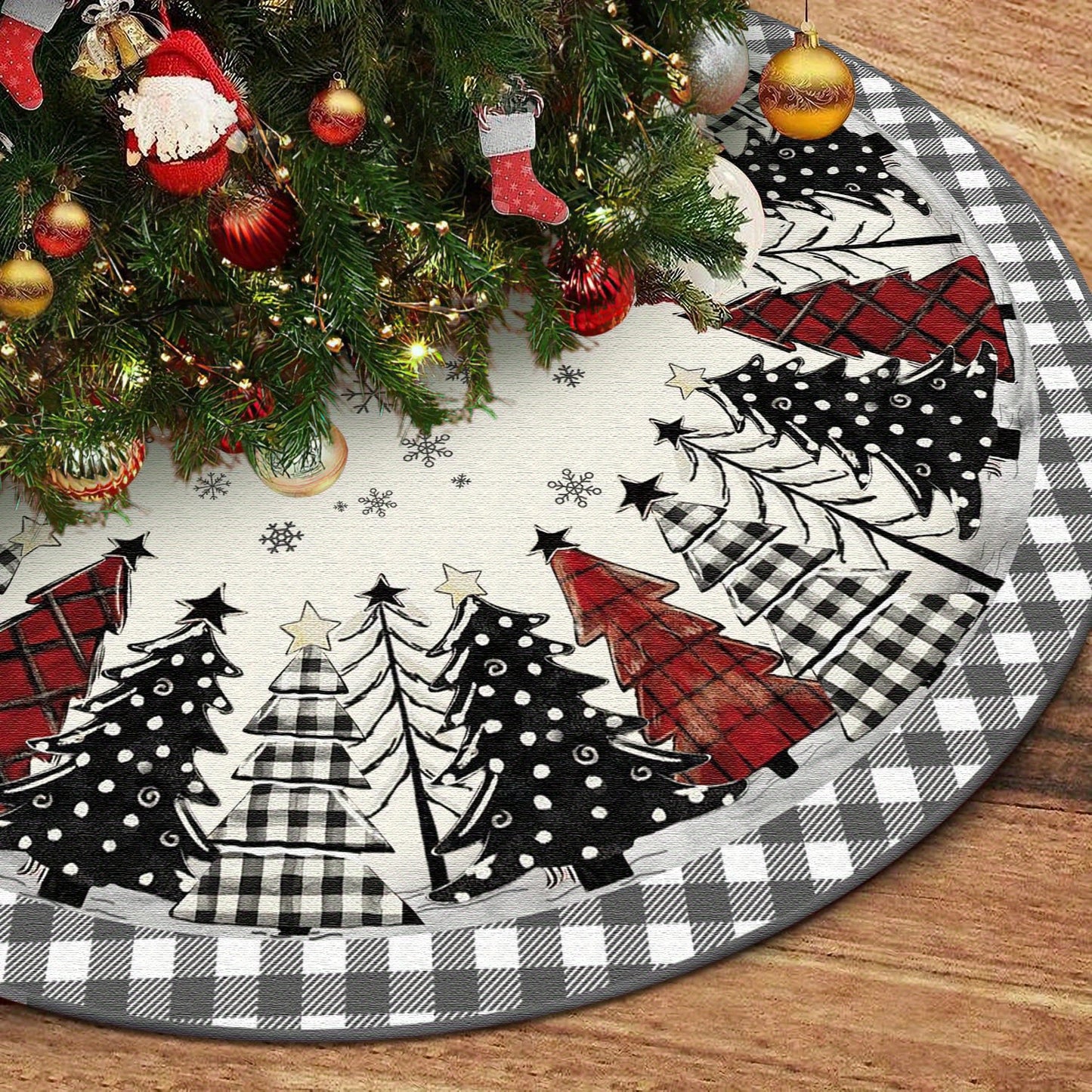 Polyester Christmas Tree Skirt - Buffalo Check with Snowflakes and Trees, Soft Farmhouse Theme Holiday Decor for Indoor Outdoor, 48" Diameter