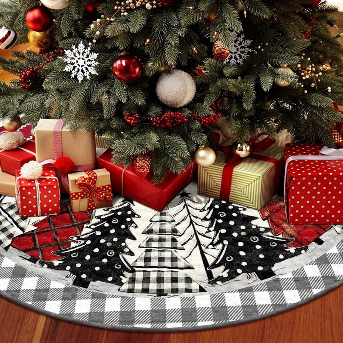 Polyester Christmas Tree Skirt - Buffalo Check with Snowflakes and Trees, Soft Farmhouse Theme Holiday Decor for Indoor Outdoor, 48" Diameter