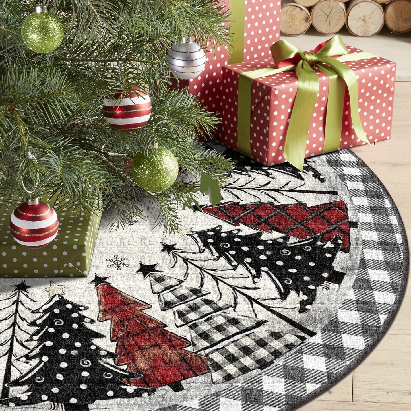 Polyester Christmas Tree Skirt - Buffalo Check with Snowflakes and Trees, Soft Farmhouse Theme Holiday Decor for Indoor Outdoor, 48" Diameter