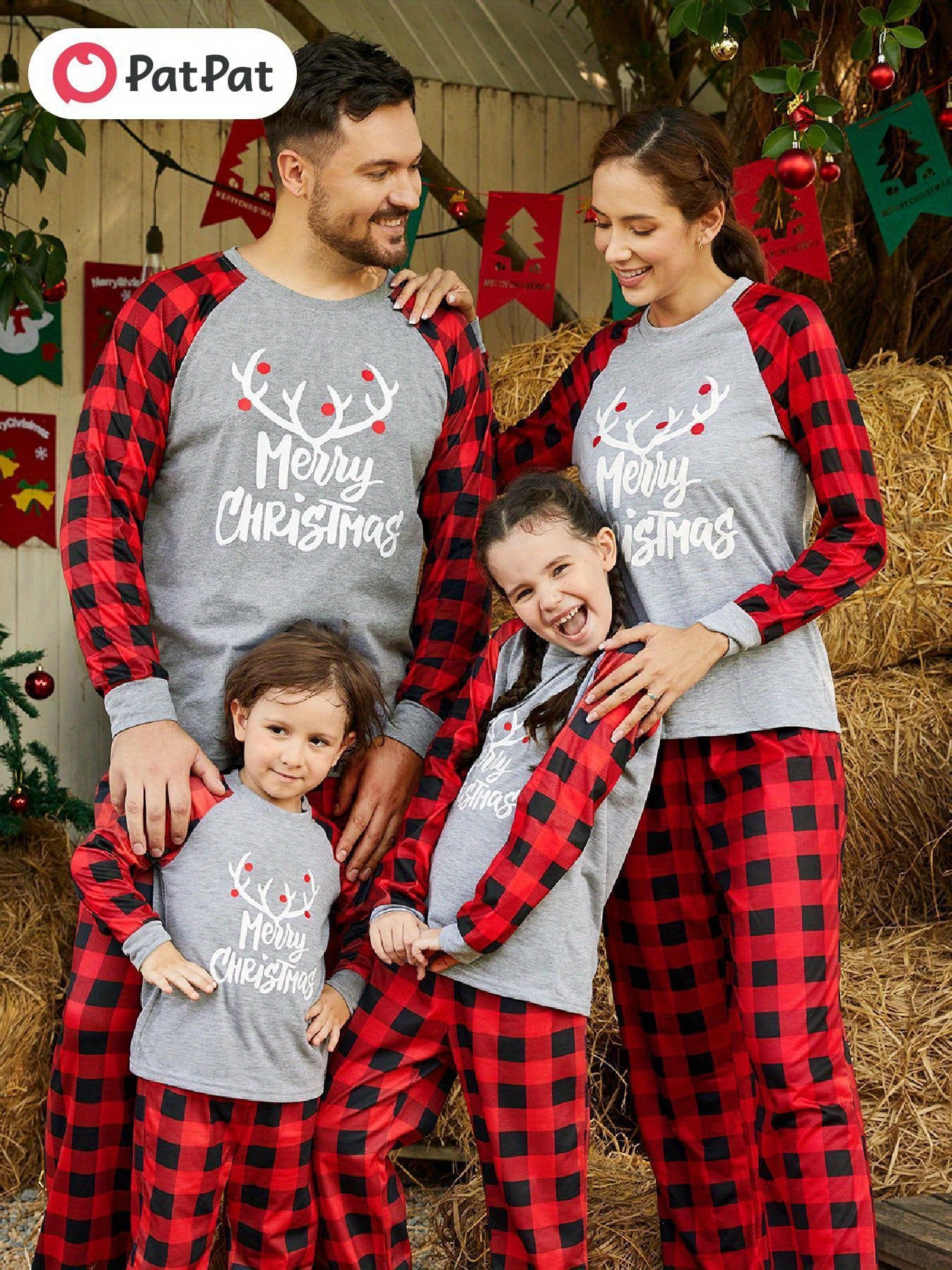 PatPat Merry Christmas Antler Letter Print Plaid Design Family Matching Pajamas Sets (Flame Resistant)