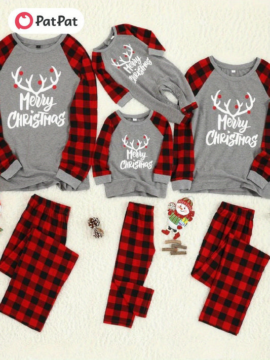 PatPat Merry Christmas Antler Letter Print Plaid Design Family Matching Pajamas Sets (Flame Resistant)