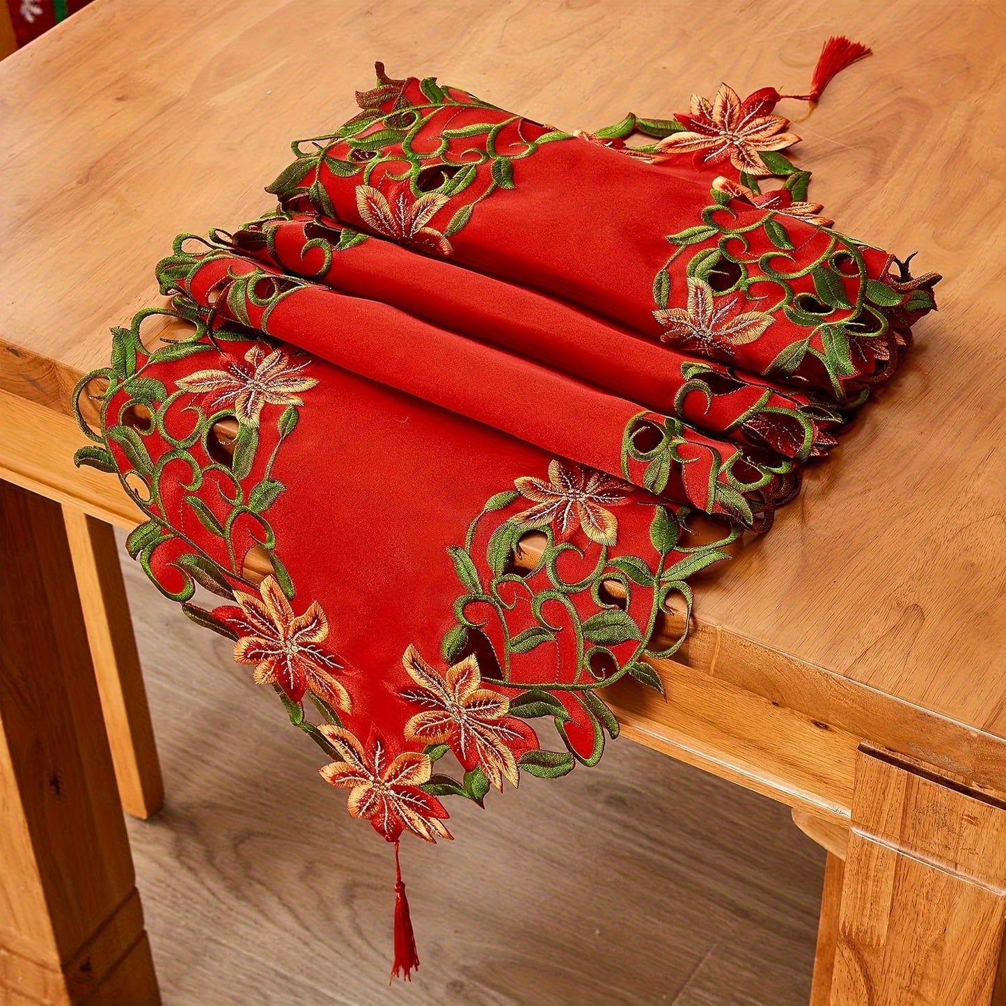 15x70 Inch Large Embroidered Red Holiday Christmas Tablecloth - Elegant Hollow Cut Polyester Fiber Woven for Holiday and Winter Decoration