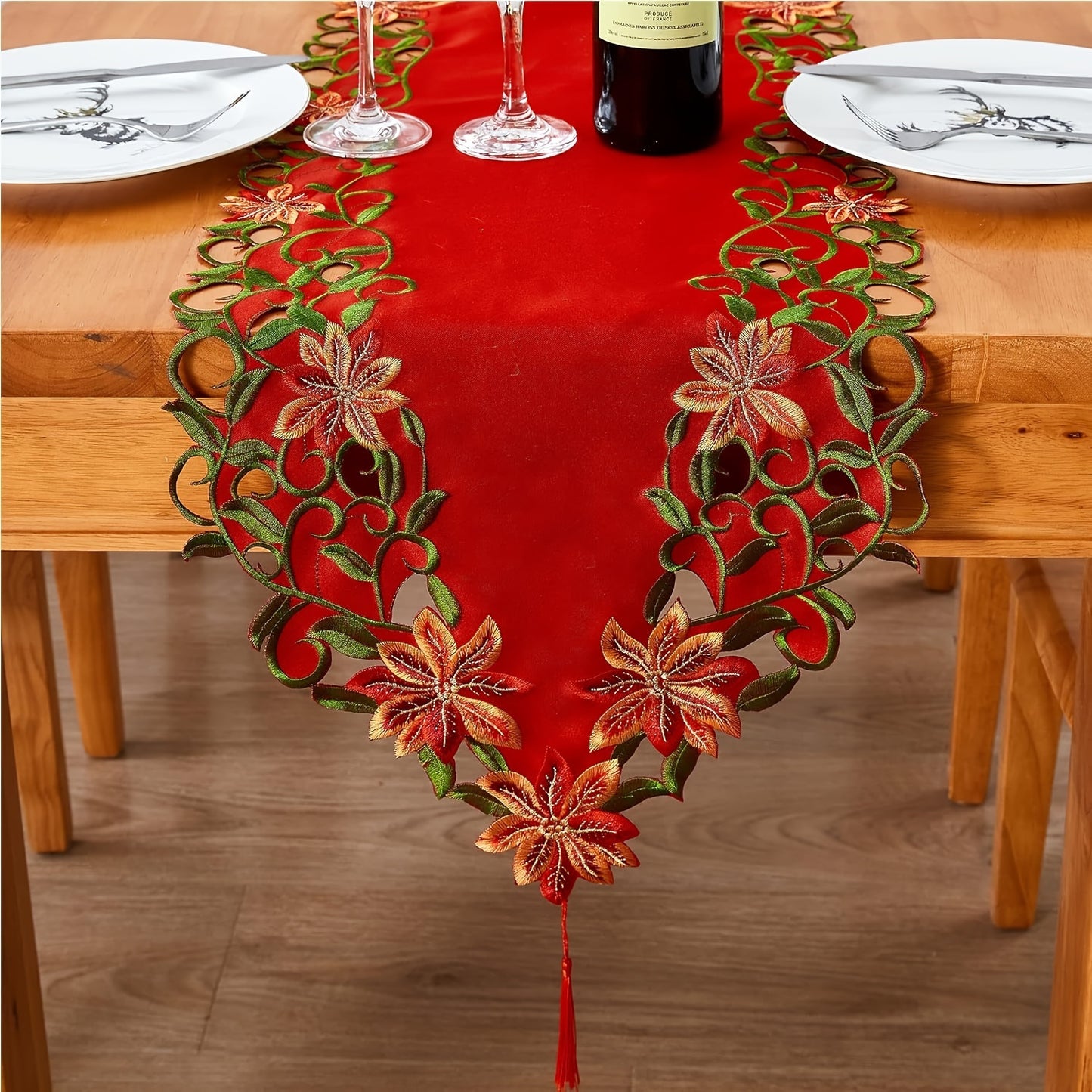 15x70 Inch Large Embroidered Red Holiday Christmas Tablecloth - Elegant Hollow Cut Polyester Fiber Woven for Holiday and Winter Decoration