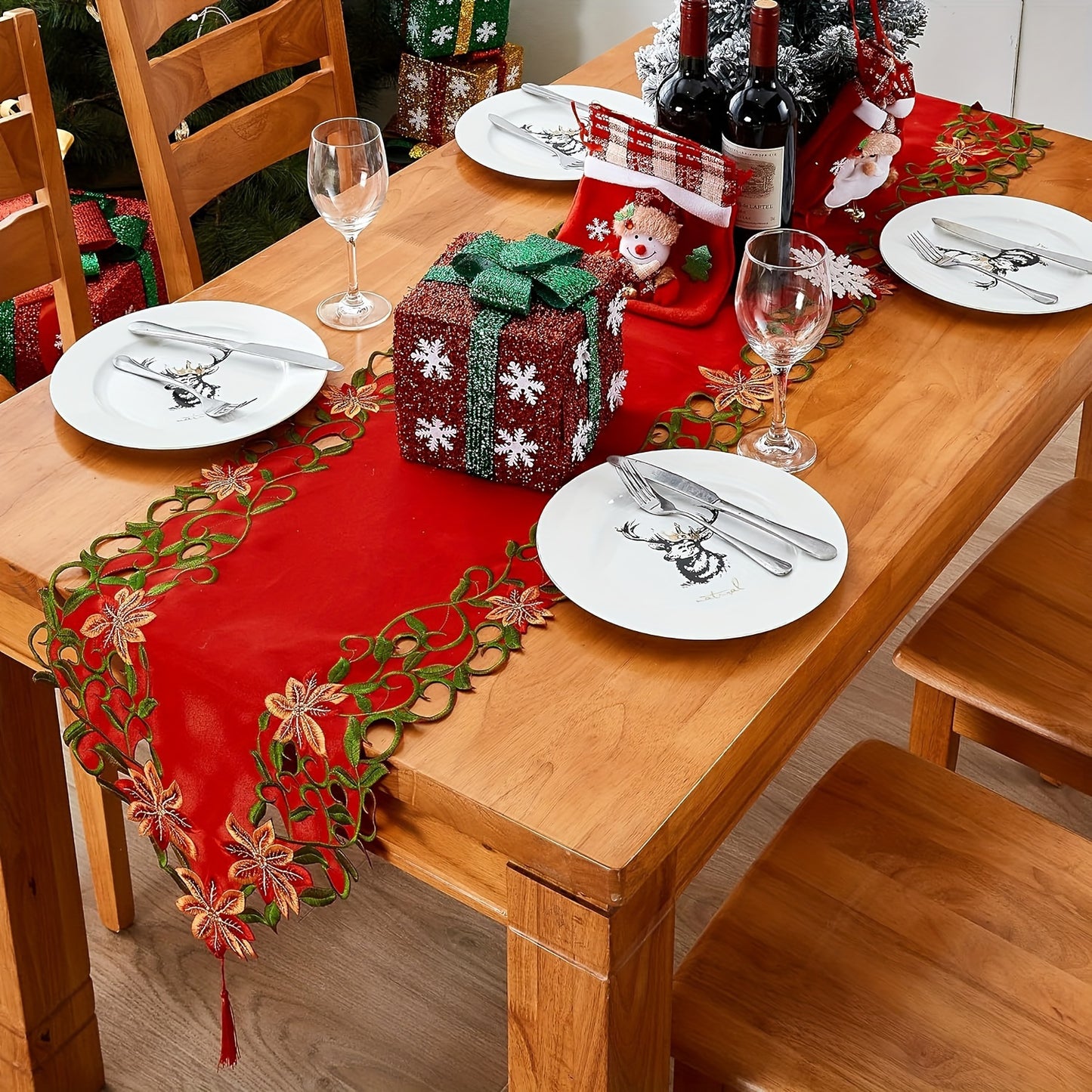 15x70 Inch Large Embroidered Red Holiday Christmas Tablecloth - Elegant Hollow Cut Polyester Fiber Woven for Holiday and Winter Decoration