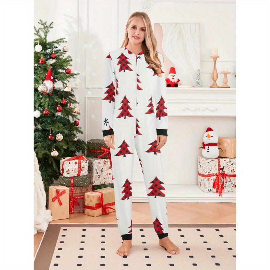 Family Christmas Pajamas, Long Sleeve Elk/Christmas Tree/Plaid/Snowflake Print Hooded Jumpsuit Sleepwear