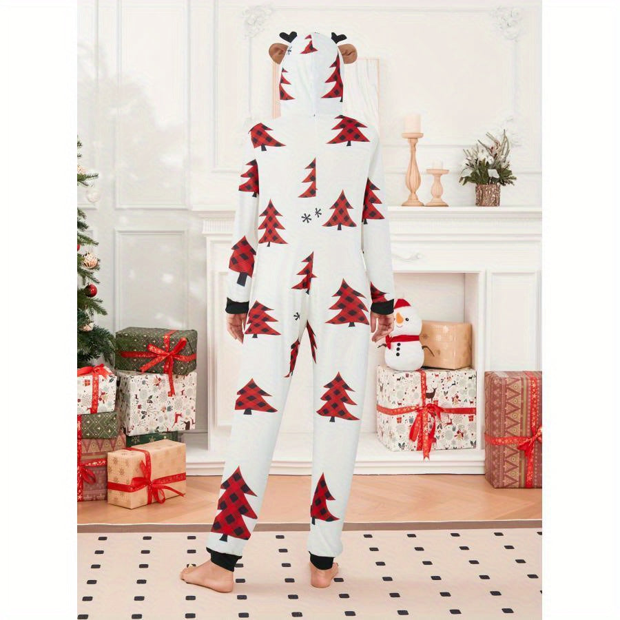 Family Christmas Pajamas, Long Sleeve Elk/Christmas Tree/Plaid/Snowflake Print Hooded Jumpsuit Sleepwear