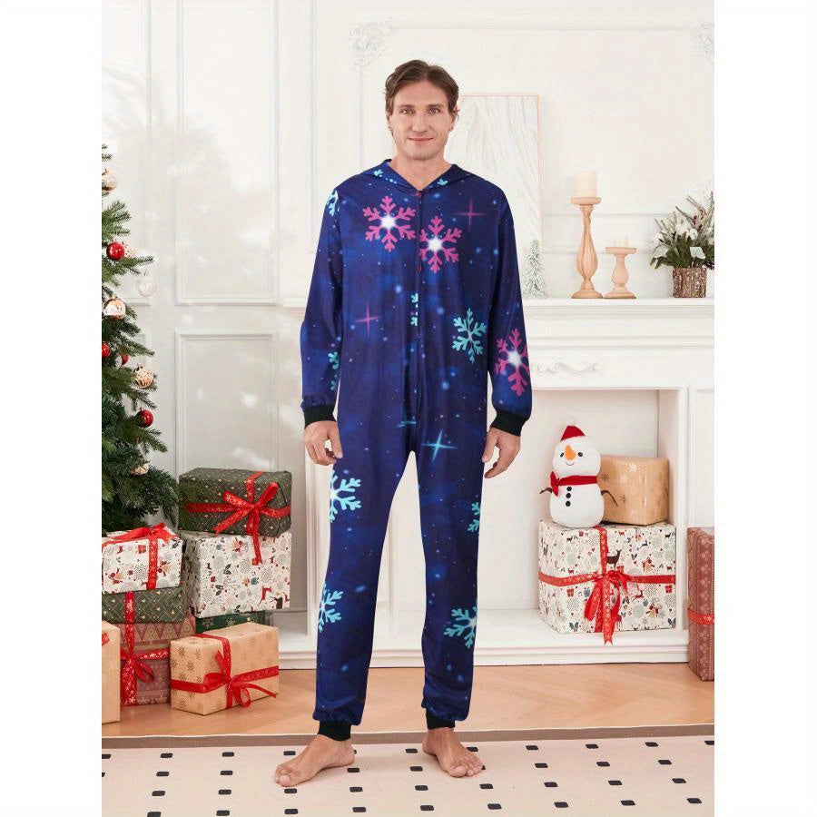 Family Christmas Pajamas, Long Sleeve Elk/Christmas Tree/Plaid/Snowflake Print Hooded Jumpsuit Sleepwear