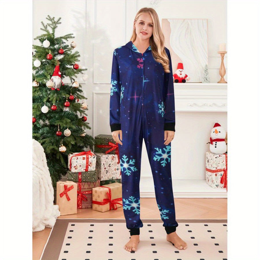 Family Christmas Pajamas, Long Sleeve Elk/Christmas Tree/Plaid/Snowflake Print Hooded Jumpsuit Sleepwear