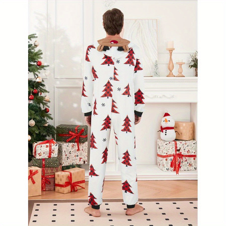 Family Christmas Pajamas, Long Sleeve Elk/Christmas Tree/Plaid/Snowflake Print Hooded Jumpsuit Sleepwear