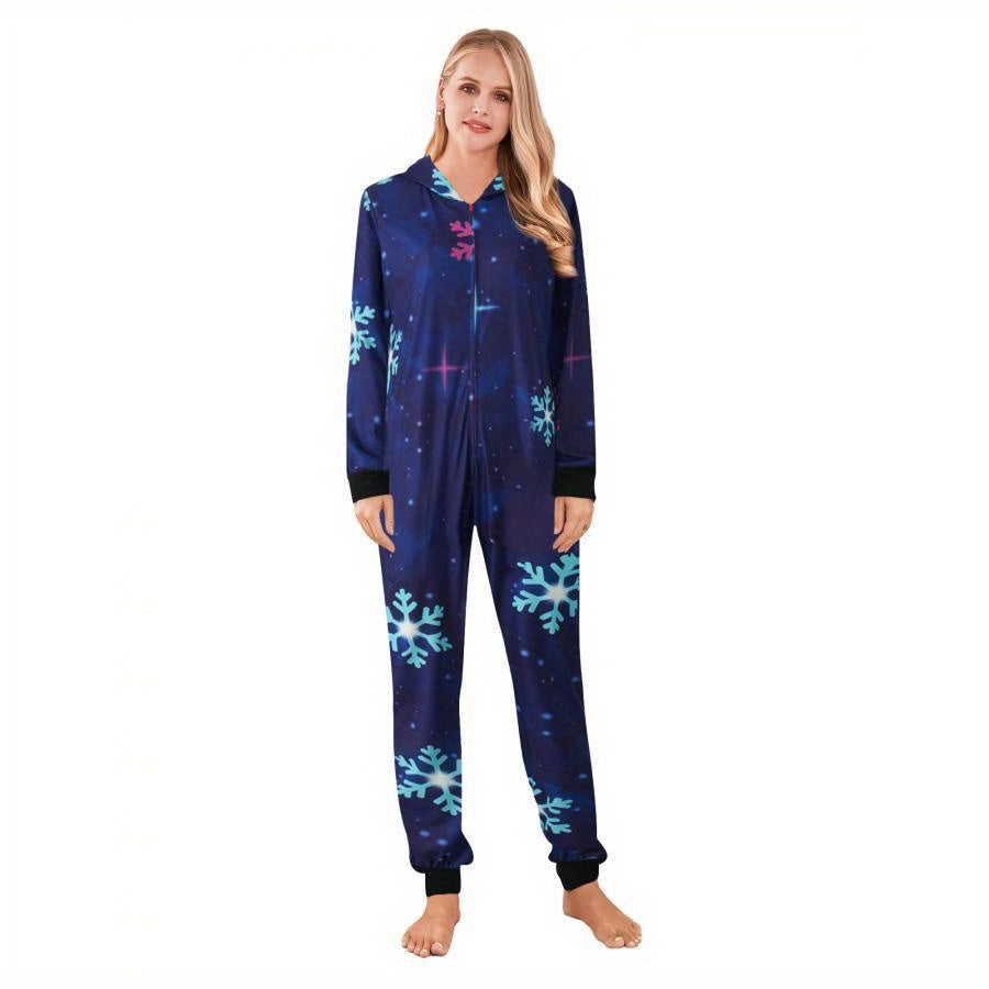 Family Christmas Pajamas, Long Sleeve Elk/Christmas Tree/Plaid/Snowflake Print Hooded Jumpsuit Sleepwear