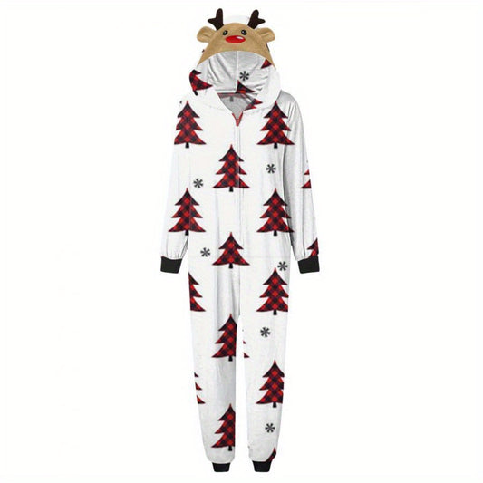 Family Christmas Pajamas, Long Sleeve Elk/Christmas Tree/Plaid/Snowflake Print Hooded Jumpsuit Sleepwear