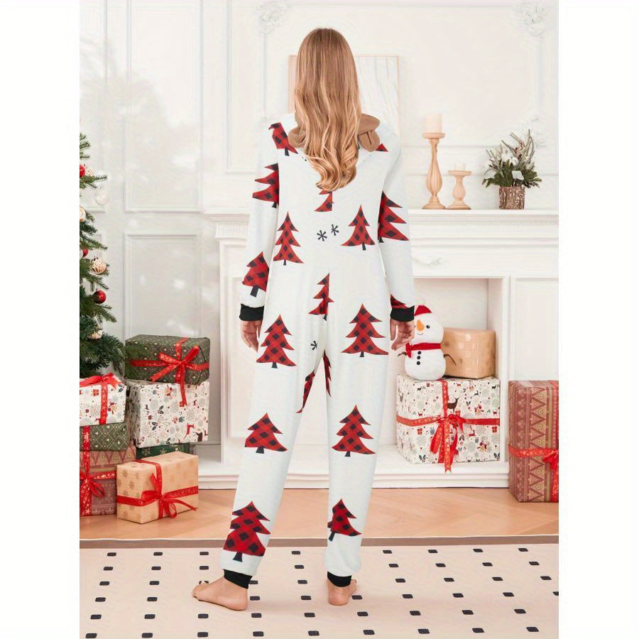 Family Christmas Pajamas, Long Sleeve Elk/Christmas Tree/Plaid/Snowflake Print Hooded Jumpsuit Sleepwear