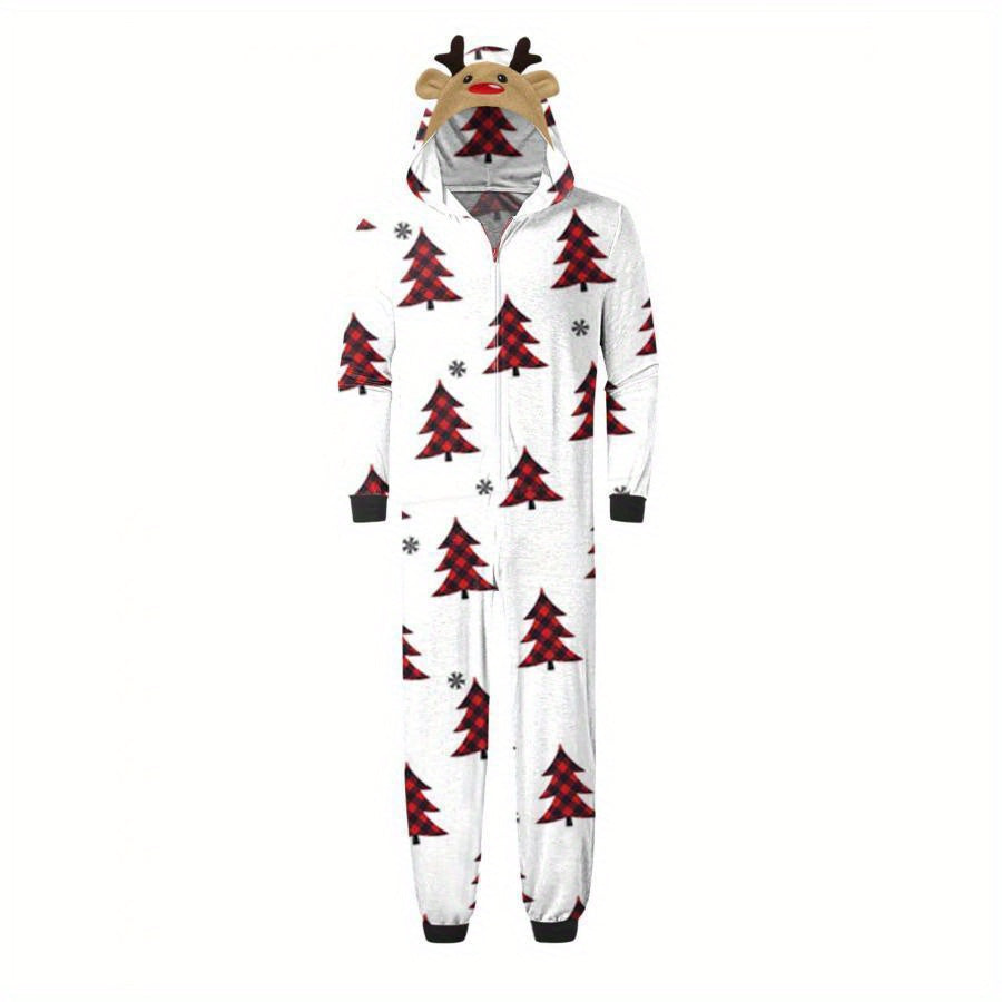 Family Christmas Pajamas, Long Sleeve Elk/Christmas Tree/Plaid/Snowflake Print Hooded Jumpsuit Sleepwear