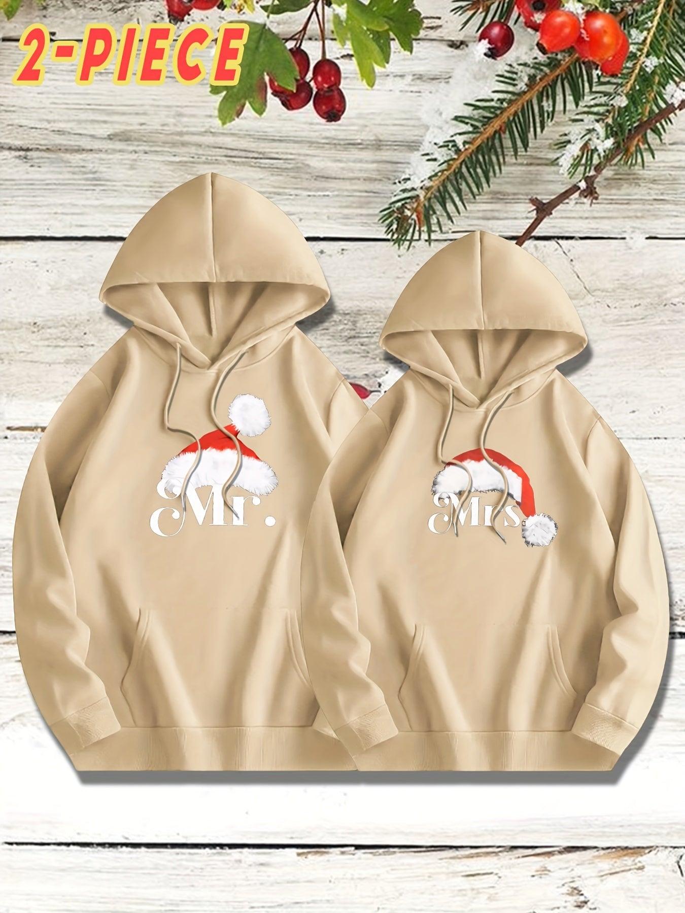 KOURRTER Christmas Hoodie Set - 2pcs, Casual Polyester Knit Fabric with Slight Stretch, Geometric Santa Hat Print, Mr. & Mrs. Design, Regular Fit with Pockets, Fall/Winter Season