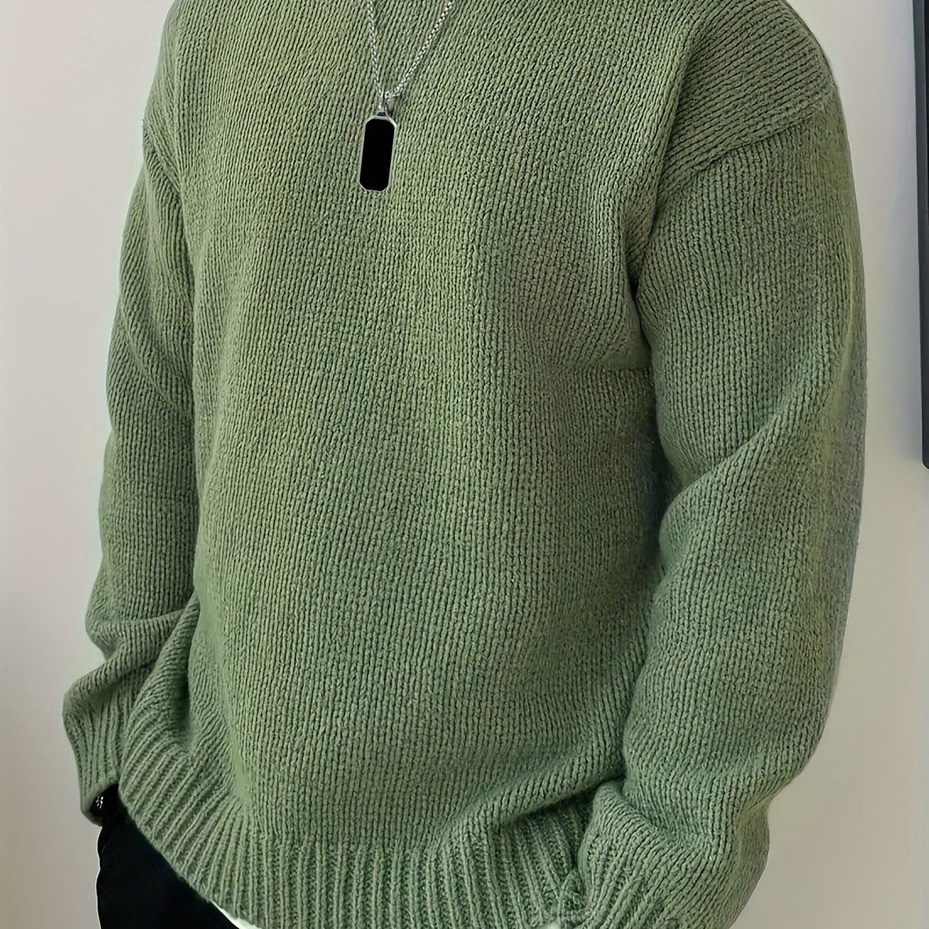 Men's Solid Knitted Pullover, Casual Long Sleeve Crew Neck Sweater For Fall Winter