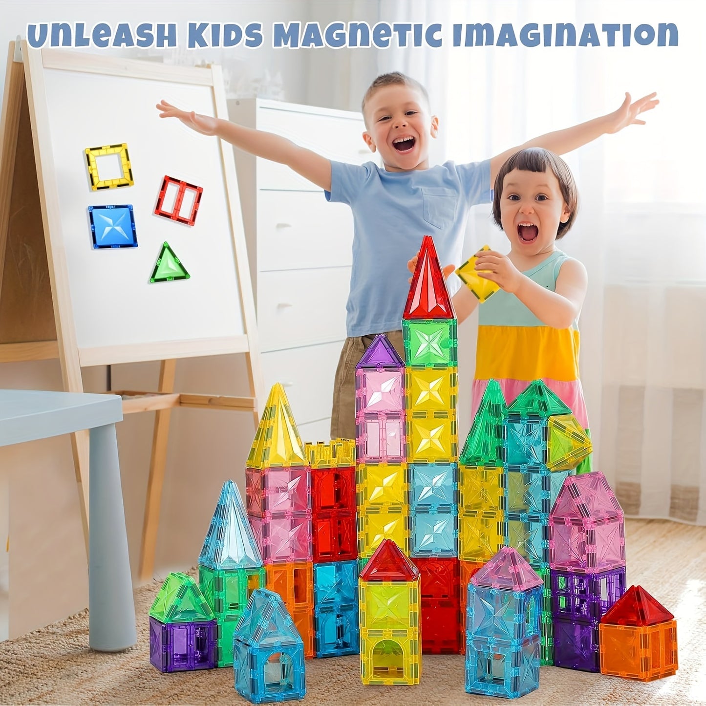 Deluxe Magnetic Tiles With 2 Cars Toy Set - 120PCS