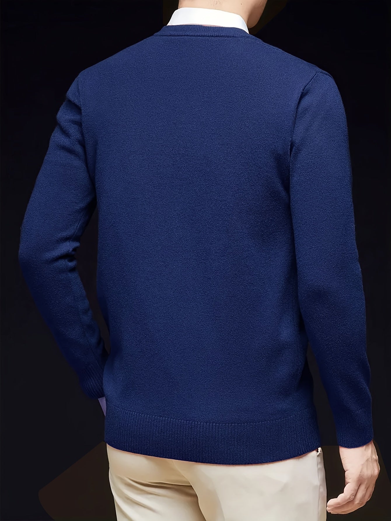 Men's Casual V-Neck Knit Sweater - Solid Color, Stretch Fabric, Long Sleeve Pullover for Fall & Winter