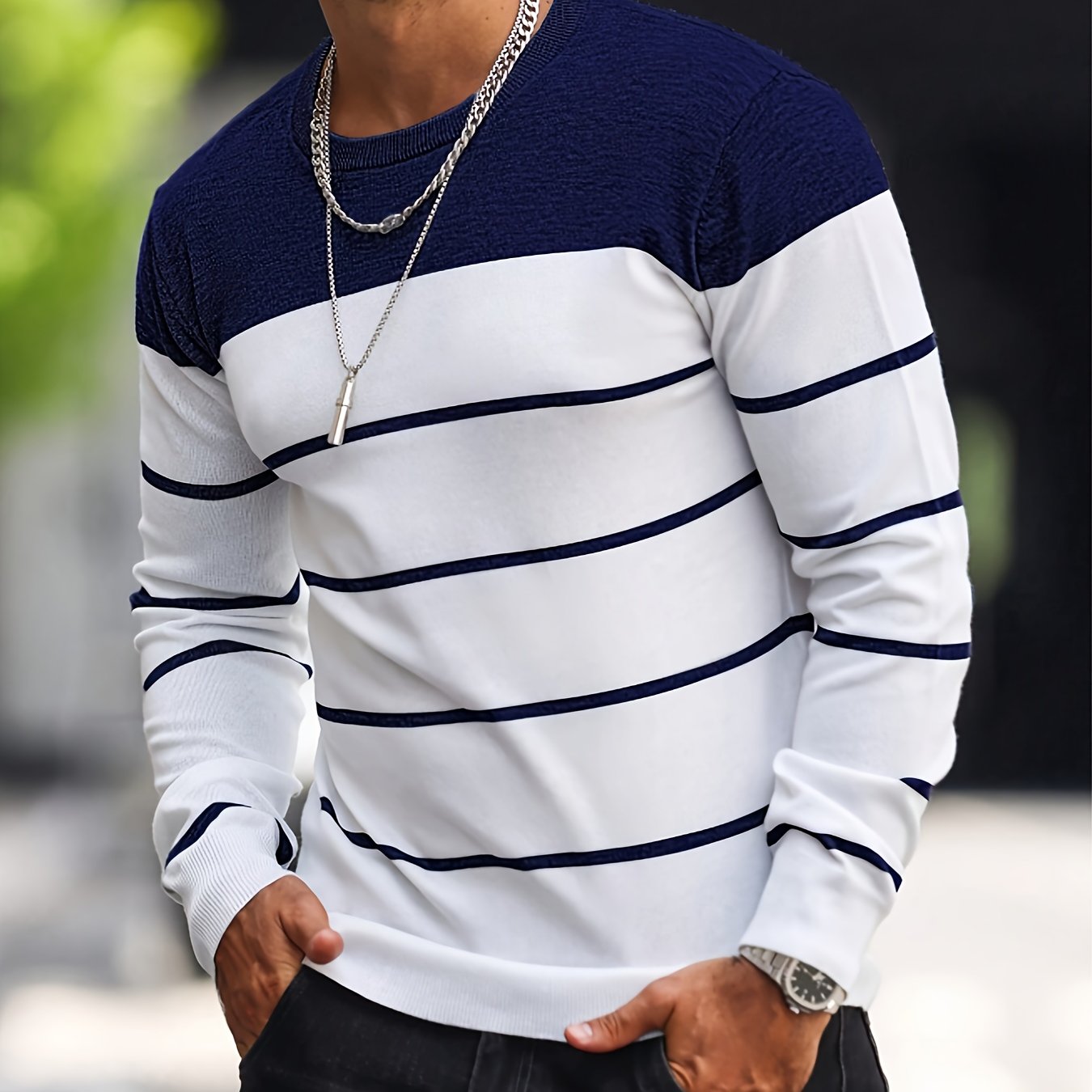 Men's Classic Striped Knit Pullover Sweater - Soft Medium Stretch Fabric, Crew Neck, Long Sleeve, Rib-Knit Details, Machine Washable - Perfect for Casual Spring and Fall Outings