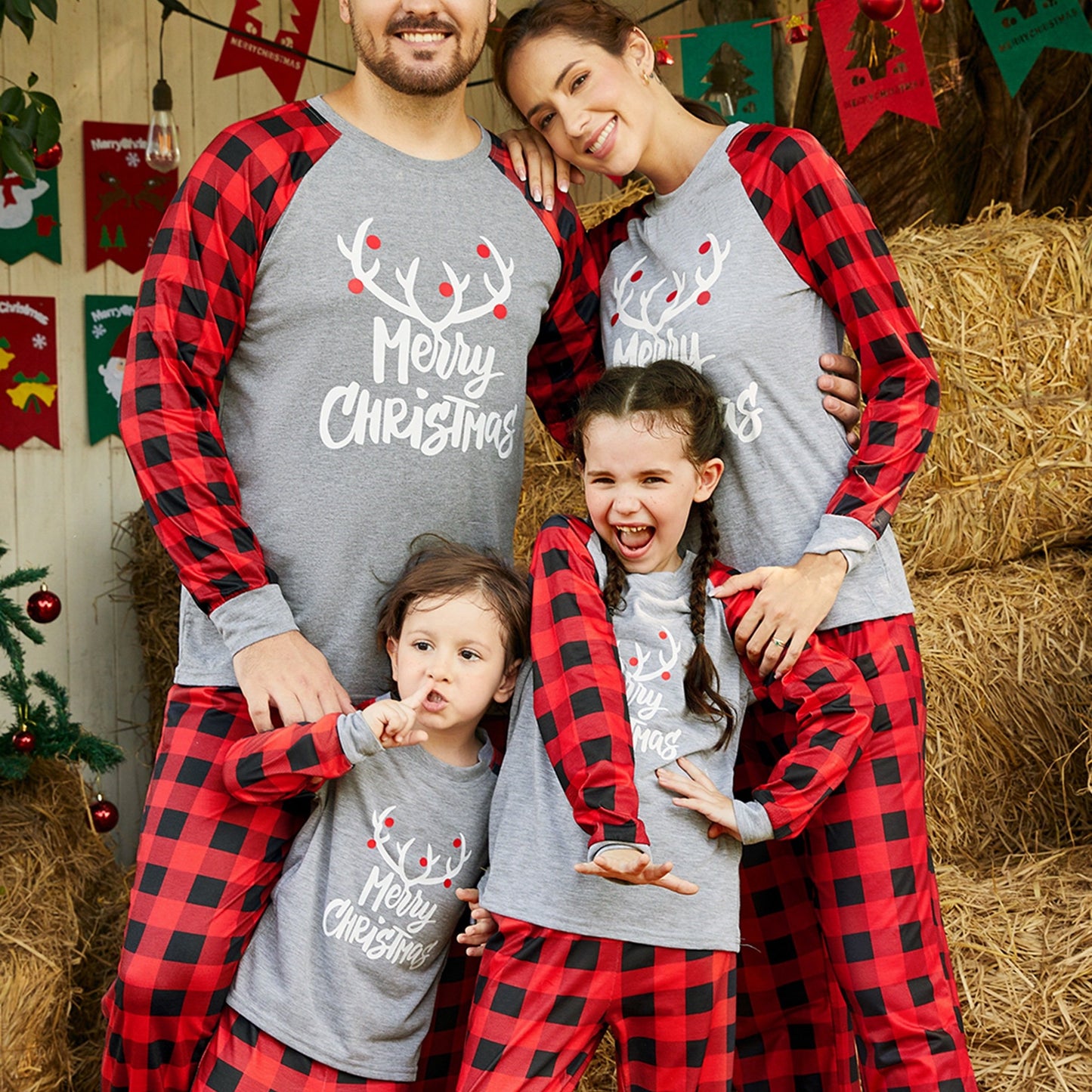 PatPat Merry Christmas Antler Letter Print Plaid Design Family Matching Pajamas Sets (Flame Resistant)