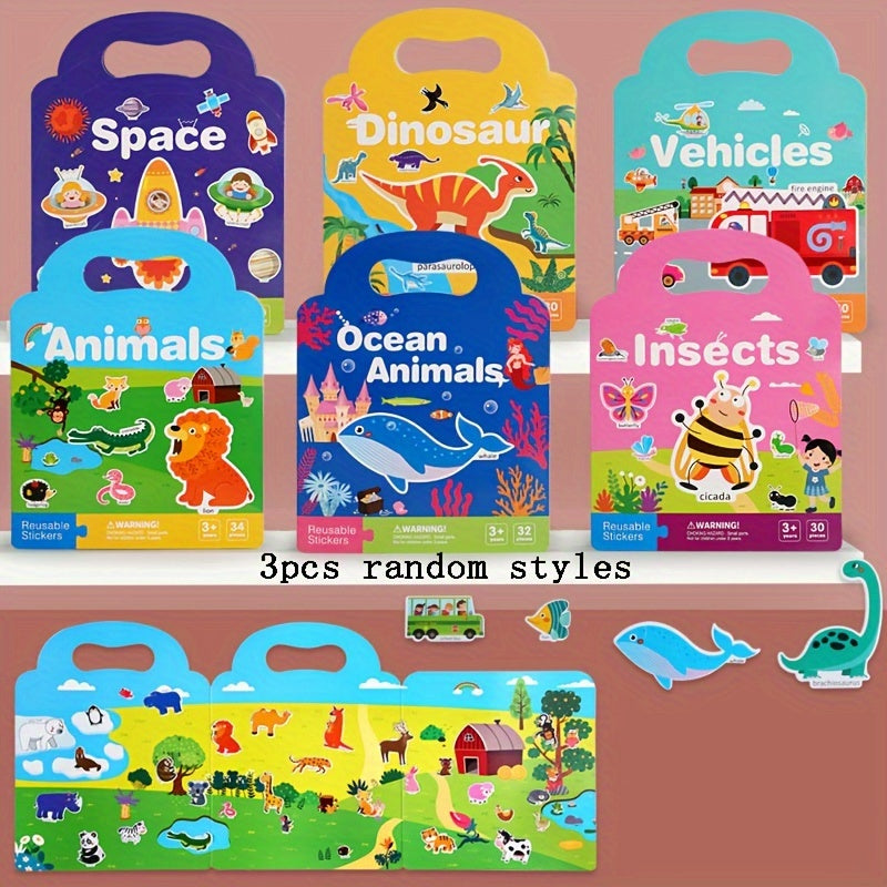 Educational Reusable Activity Books for Kids - 3 Pack, Interactive Learning Themes: Space, Dinosaurs, Animals, Ocean Life, Bugs, and Vehicles with 30 Reusable Pieces Each