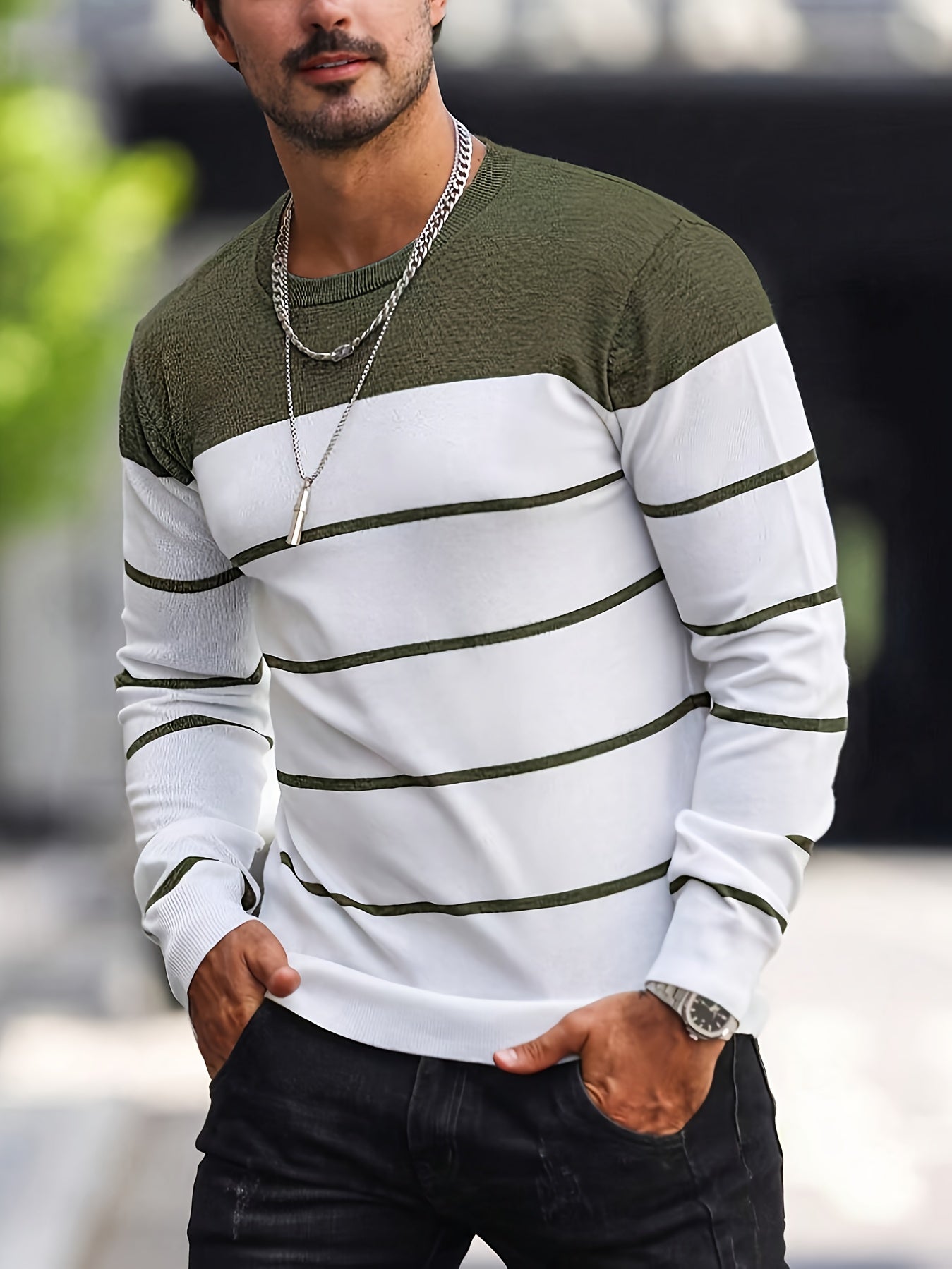 Men's Classic Striped Knit Pullover Sweater - Soft Medium Stretch Fabric, Crew Neck, Long Sleeve, Rib-Knit Details, Machine Washable - Perfect for Casual Spring and Fall Outings