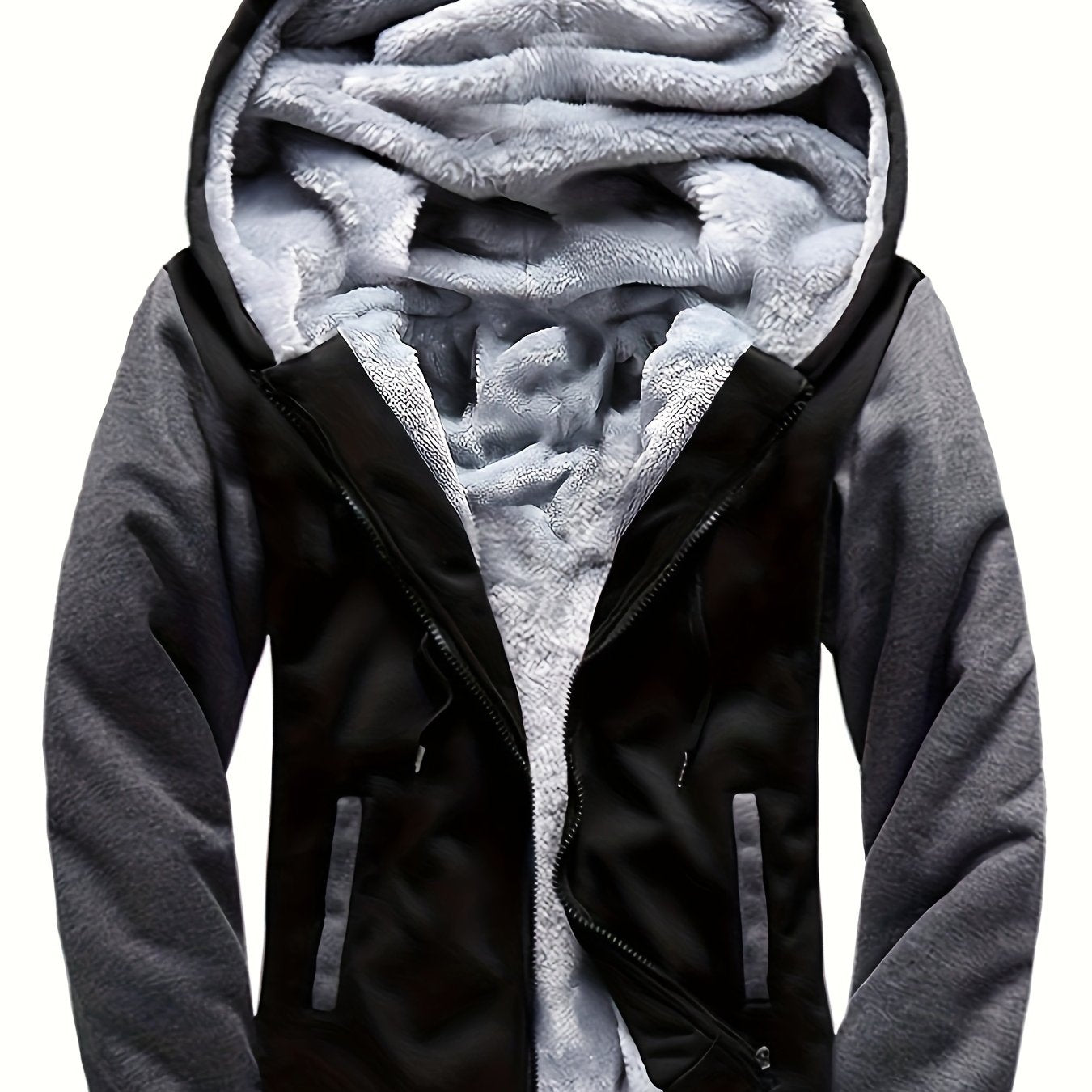 Men's Warm Fleece Hooded Jacket, Casual Color Block Jacket Coat For Fall Winter