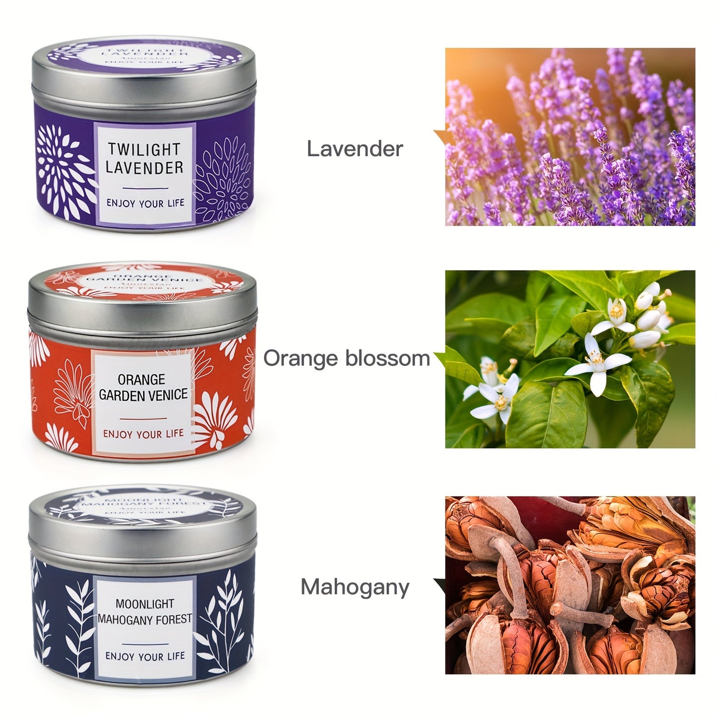 Mahogany teak, Orange blossom, Lavender Scented Candles - Aromatherapy 3pc Candle Set, Burns for 96H