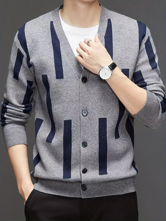 Mid Stretch Men's V-Neck Striped Button Up Cardigan Sweater For Casual Daily Wear