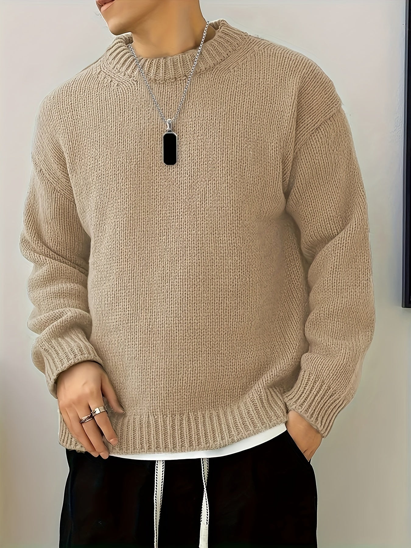 Men's Solid Knitted Pullover, Casual Long Sleeve Crew Neck Sweater For Fall Winter