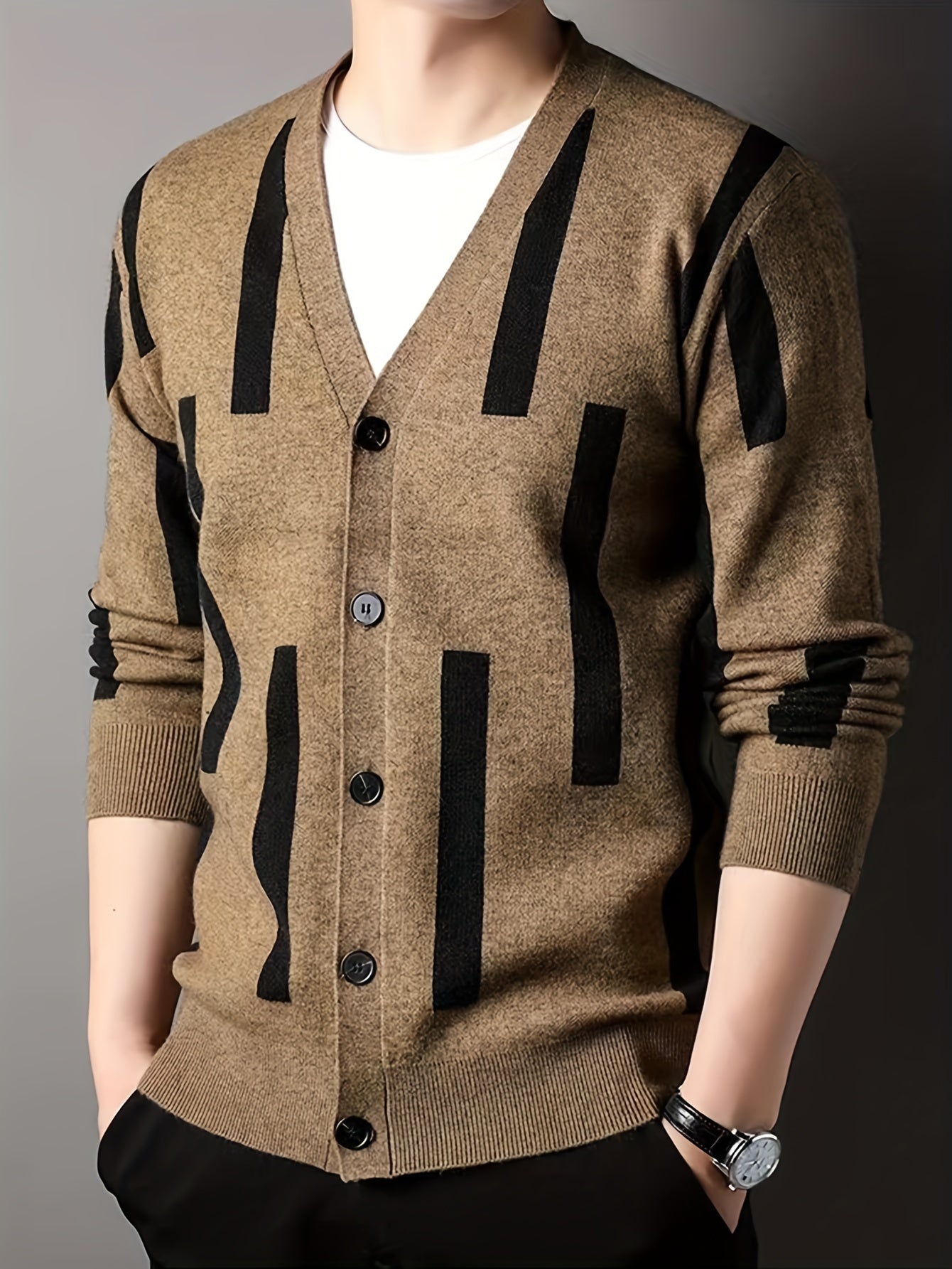 Mid Stretch Men's V-Neck Striped Button Up Cardigan Sweater For Casual Daily Wear