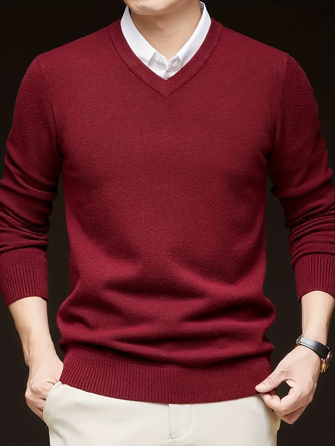 Men's Casual V-Neck Knit Sweater - Solid Color, Stretch Fabric, Long Sleeve Pullover for Fall & Winter