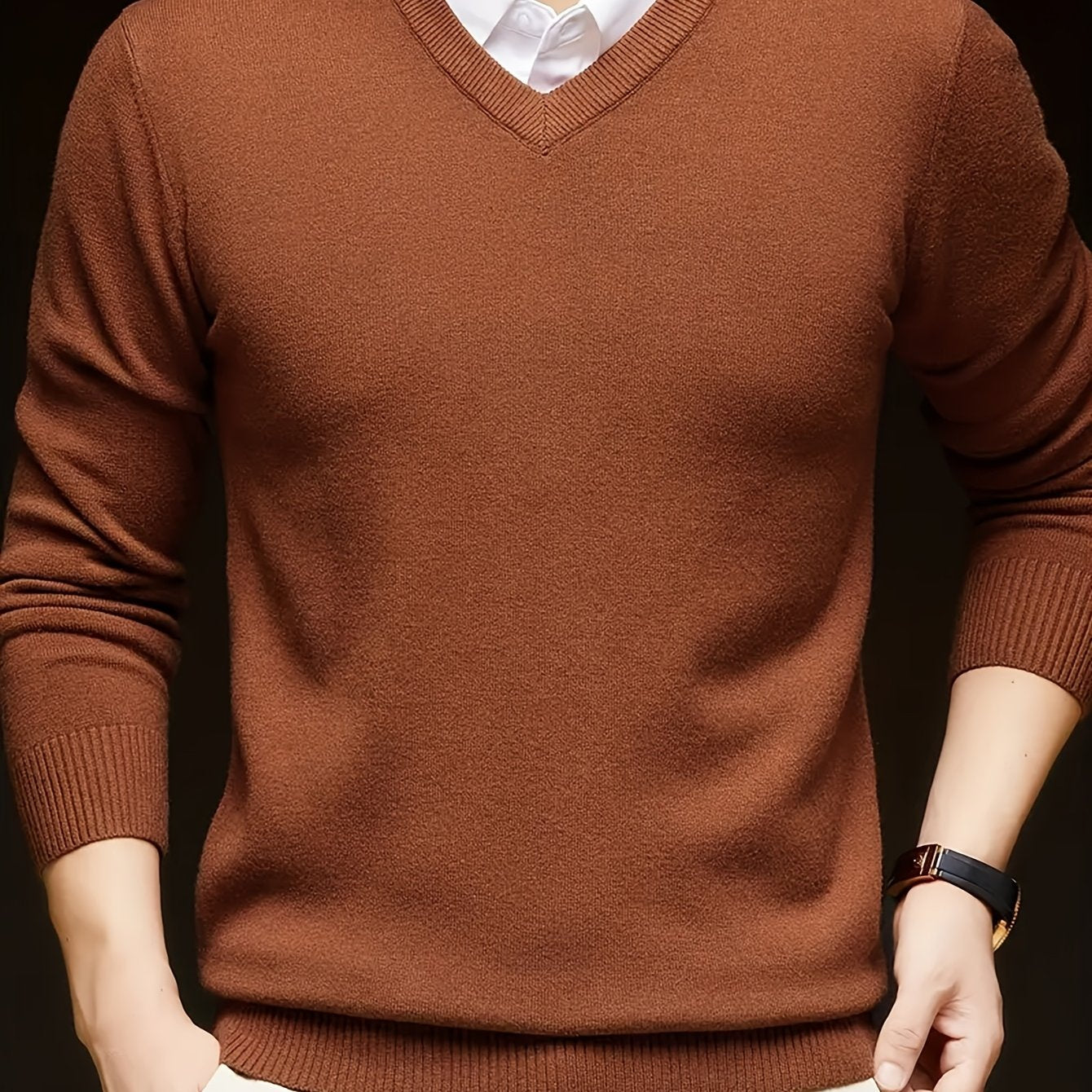 Men's Casual V-Neck Knit Sweater - Solid Color, Stretch Fabric, Long Sleeve Pullover for Fall & Winter