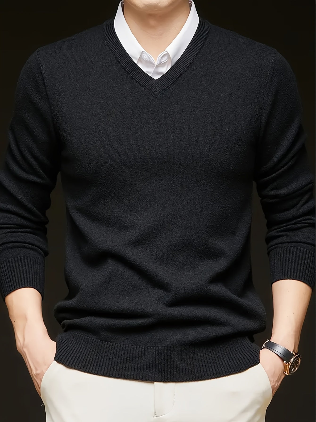 Men's Casual V-Neck Knit Sweater - Solid Color, Stretch Fabric, Long Sleeve Pullover for Fall & Winter