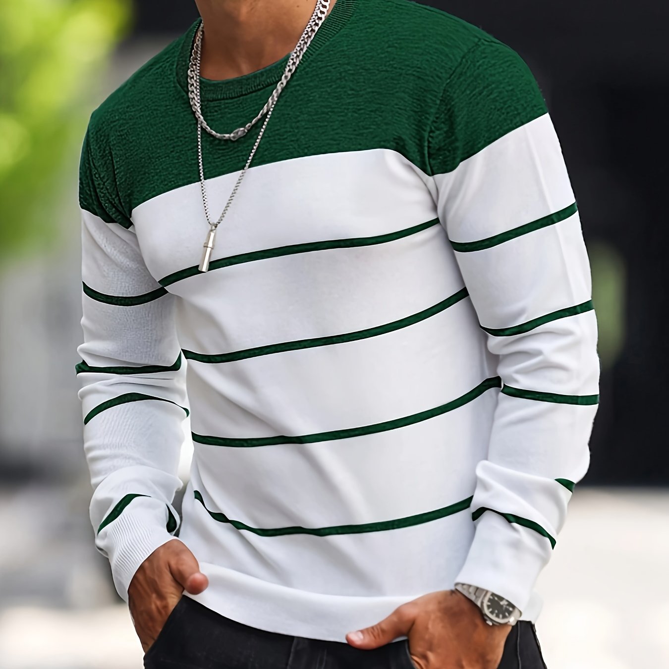 Men's Classic Striped Knit Pullover Sweater - Soft Medium Stretch Fabric, Crew Neck, Long Sleeve, Rib-Knit Details, Machine Washable - Perfect for Casual Spring and Fall Outings